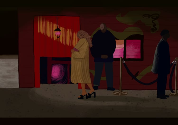 Illustration of a woman in a long coat and heels about to enter a basement-level club.